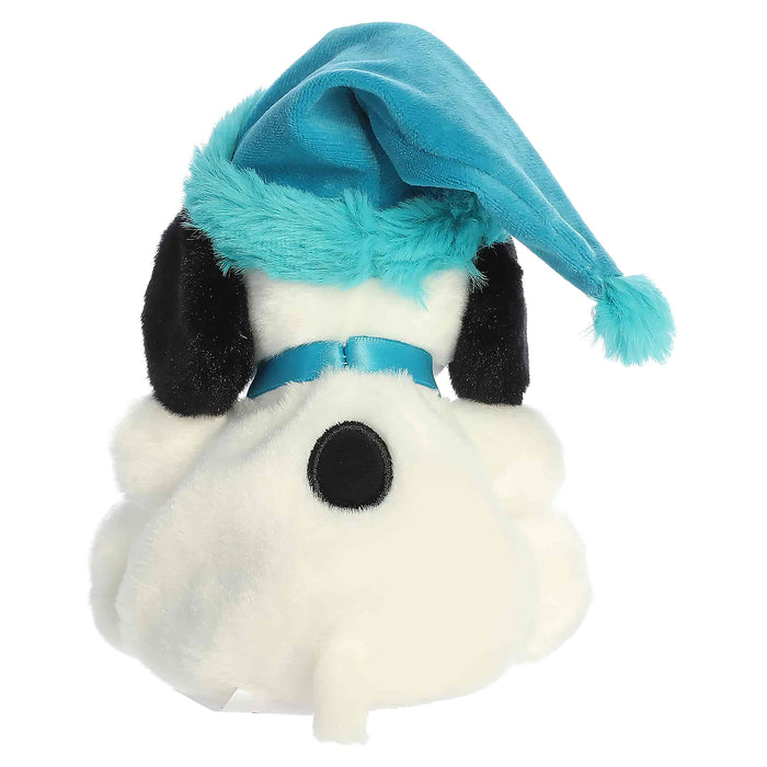 Snoopy plush toy with a blue winter hat on a white background