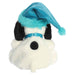 Snoopy plush toy with a blue winter hat on a white background