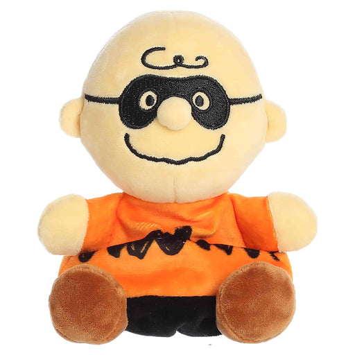 Plush toy resembling a character with an orange shirt and a black mask on a white background