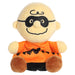 Plush toy resembling a character with an orange shirt and a black mask on a white background