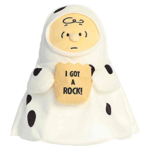 Plush toy resembling a character from Peanuts with a rock and 'I got a rock!' text on a white background