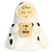Plush toy resembling a character from Peanuts with a rock and 'I got a rock!' text on a white background