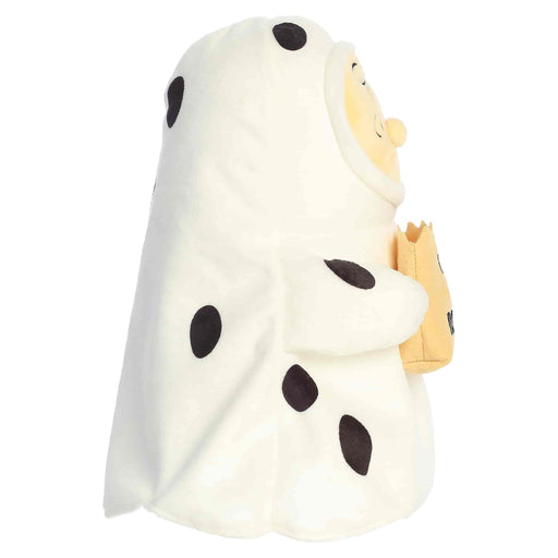Plush toy resembling a ghost with black spots on a white background