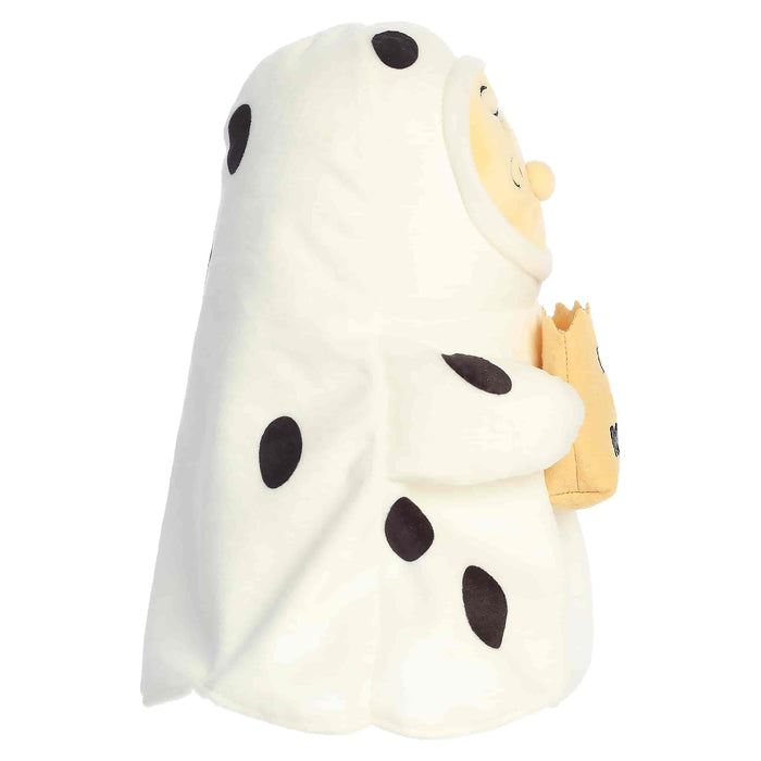 Plush toy resembling a ghost with black spots on a white background