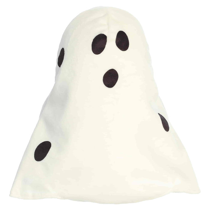 Ghost-shaped pillow with black eyes on a white background