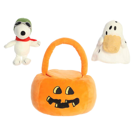 Halloween-themed plush toys including a ghost, a dog with a helmet, and a pumpkin basket on a white background.