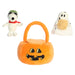 Halloween-themed plush toys including a ghost, a dog with a helmet, and a pumpkin basket on a white background.
