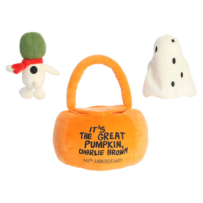 Plush pumpkin basket with text, ghost, and dog on a white background