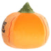Plush pumpkin toy with green stem on a white background