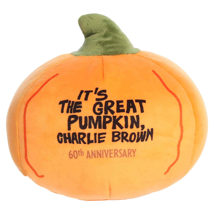 Plush pumpkin with 'It's the Great Pumpkin, Charlie Brown' text on a white background