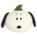 Plush toy shaped like a dog with a green hat on a white background