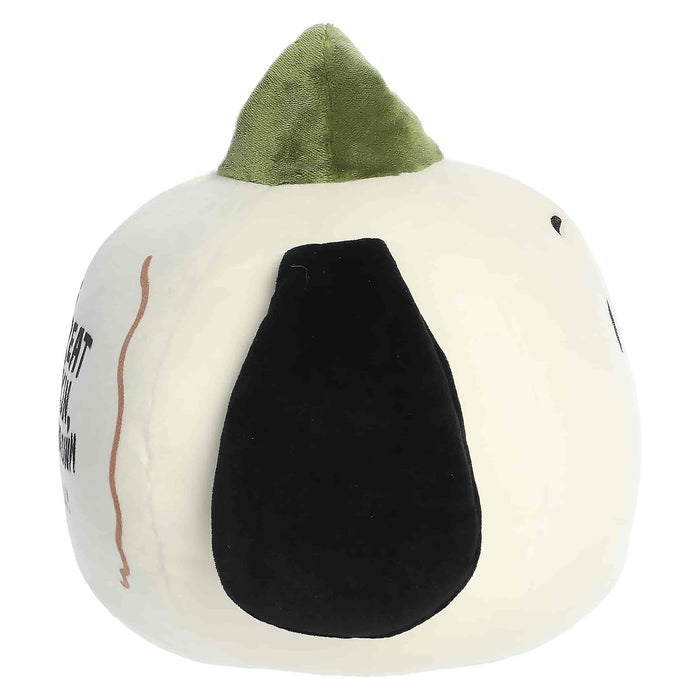Plush toy shaped like a pumpkin with a green top on a white background