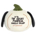 Pumpkin-shaped plush with 'It's the Great Pumpkin, Charlie Brown' text on a white background