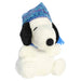Snoopy plush toy with a blue winter-pattern hat on a white background