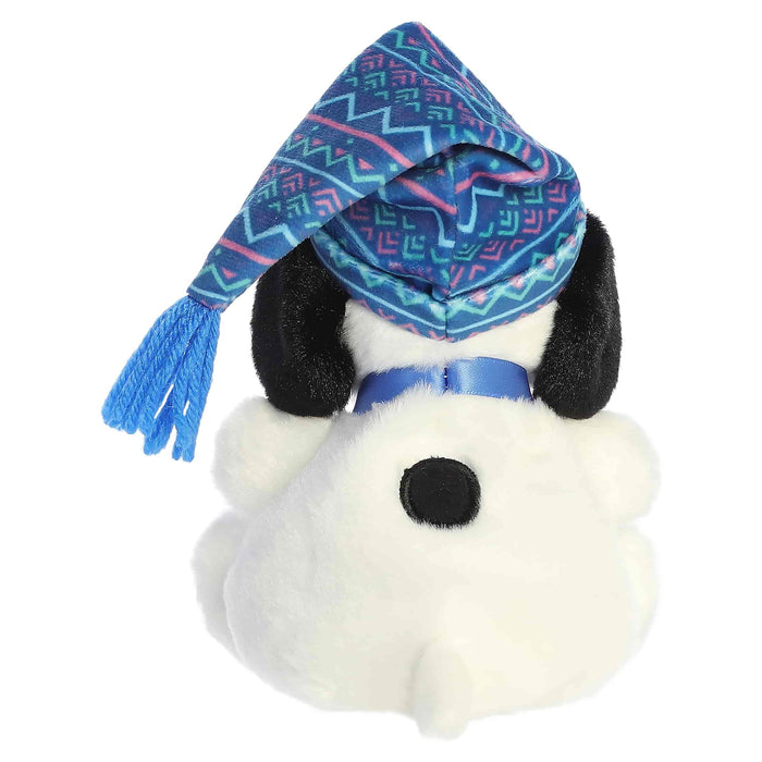 Snoopy plush toy with a blue winter-pattern hat on a white background