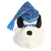 Snoopy plush toy with a blue winter-pattern hat on a white background