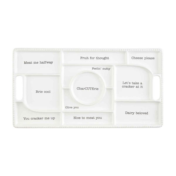 White ceramic cheese board with humorous text on a white background