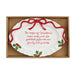 Decorative Christmas plate with red ribbon and holly design, featuring a quote, in a box.