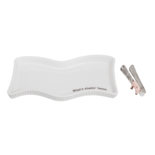White wavy soap dish with 'What's shakin' bacon' text and two metal clips on a white background