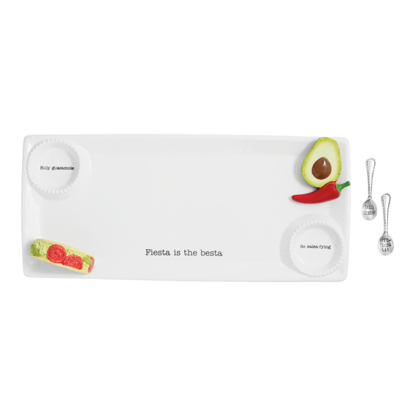 White tray with avocado, tomato, and pepper decorations on a white background