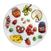 Decorative plate with illustrations of food items on a white background