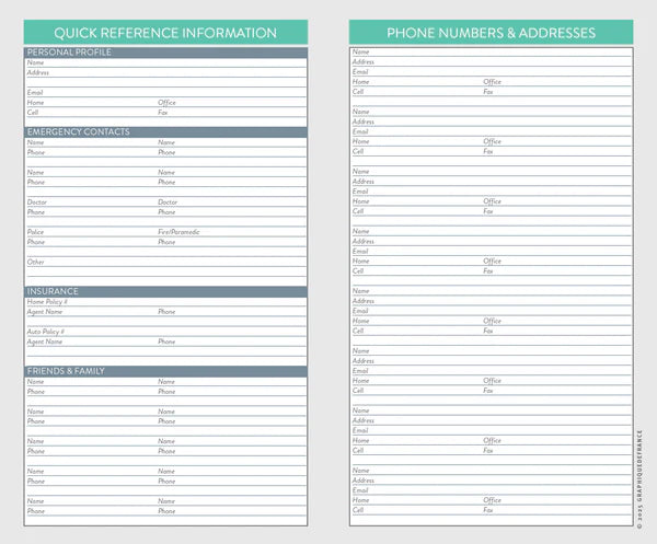 Two-page reference information sheet with contact details on a white background