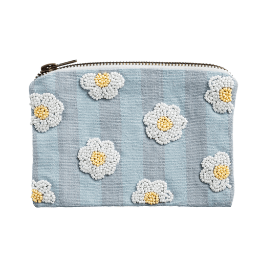 Light blue pouch with white floral patterns on a white background