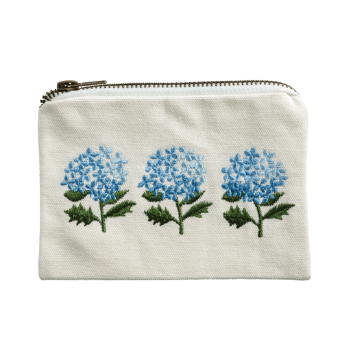 Small pouch with embroidered blue flowers on a white background