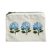 Small pouch with embroidered blue flowers on a white background