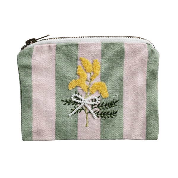 Striped pouch with embroidered yellow flowers and green leaves on a white background