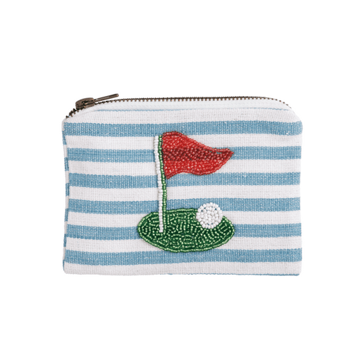 Striped pouch with golf flag and ball design on a white background
