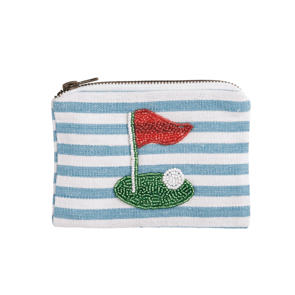 Striped pouch with golf flag and ball design on a white background