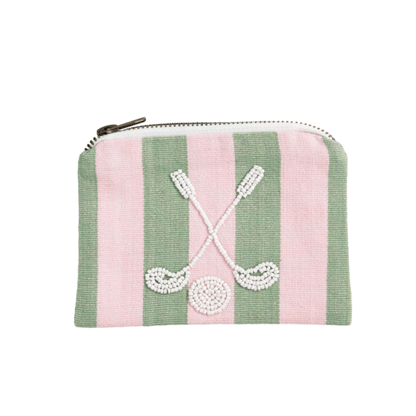 Striped pouch with beaded design on a white background