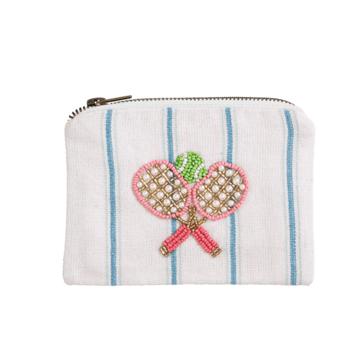 Small pouch with embroidered tennis rackets and ball on a white background