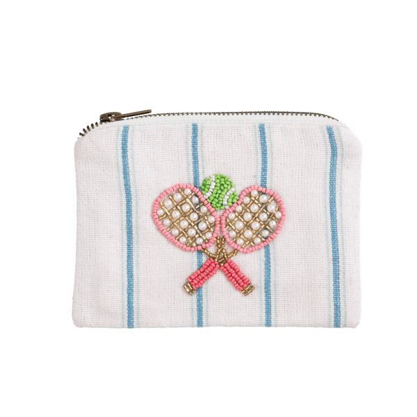 Small pouch with embroidered tennis rackets and ball on a white background