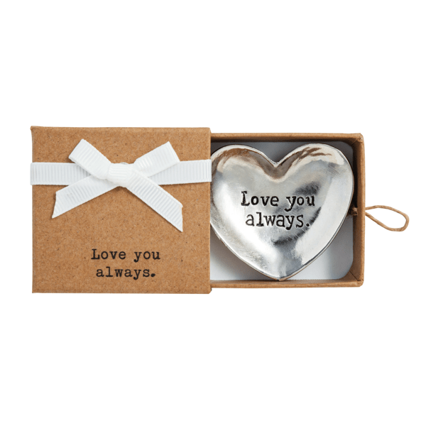 Heart-shaped metal ornament with 'Love you always' text in a brown box with a white ribbon.