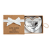 Heart-shaped metal tray with 'Love makes life beautiful' text in a brown box with a white ribbon.