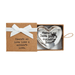 Heart-shaped metal tray with 'There's no love like a mother's love' text in a box with a white ribbon.