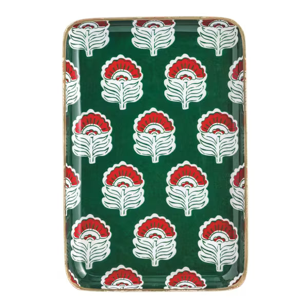 Green Block Print Metal Tidbit Plate