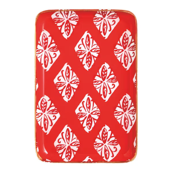 Red Block Print Metal Tidbit Plate