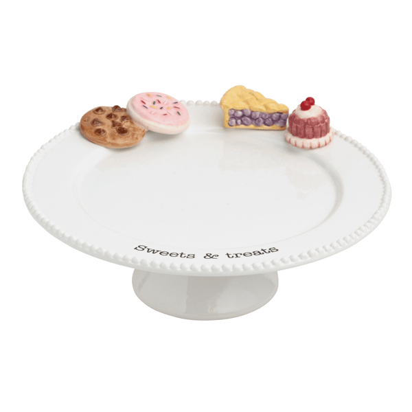 White cake stand with decorative sweet treats on a white background