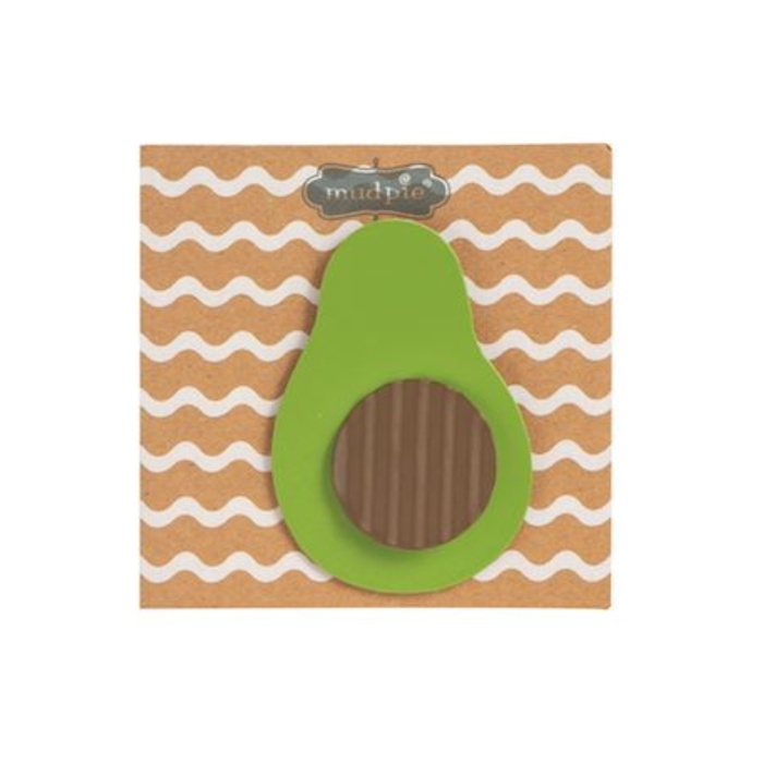 Avocado-shaped toy on a wavy line patterned card with 'mudpie' branding.