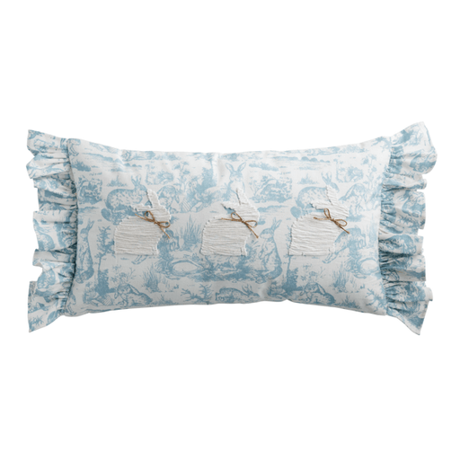 Decorative pillow with ruffled edge and blue floral pattern on a white background