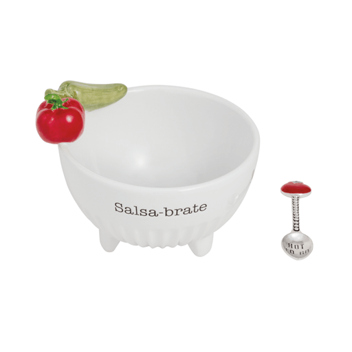 White bowl with 'Salsa-brate' text, tomato, and pickle decoration on a white background