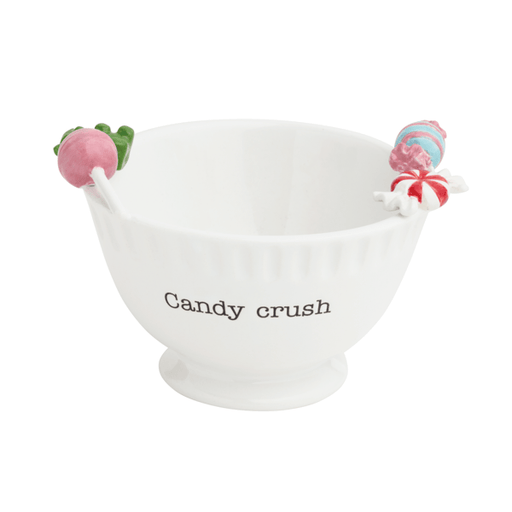 White bowl with 'Candy crush' text, decorative elements on a white background
