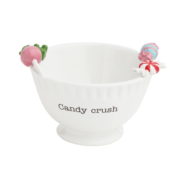 White bowl with 'Candy crush' text, decorative elements on a white background