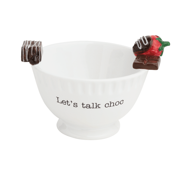 White bowl with chocolate-covered strawberries on a white background, featuring the text 'Let's talk choc'.