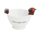 White bowl with chocolate-covered strawberries on a white background, featuring the text 'Let's talk choc'.