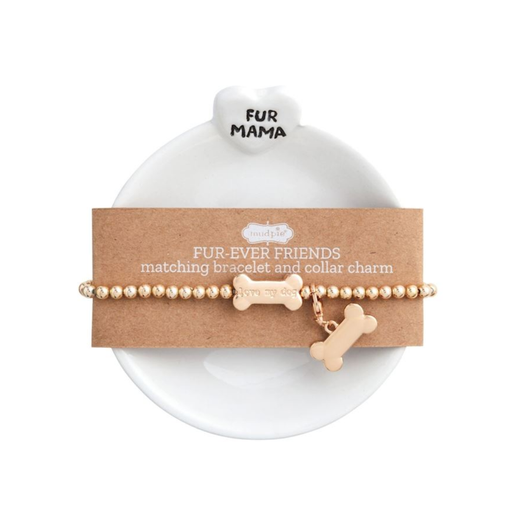 Matching bracelet and collar charm set with 'Fur Mama' tag on a white background