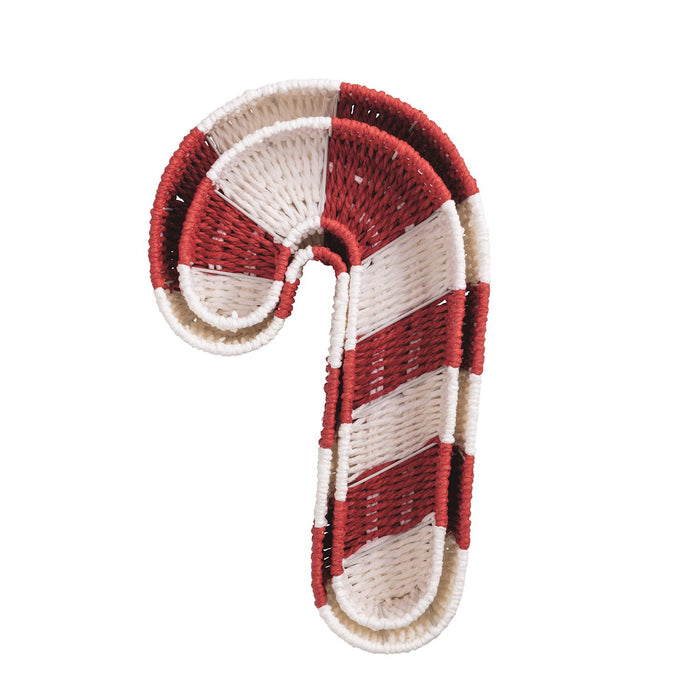 Woven baskets with red and white striped design on a white background